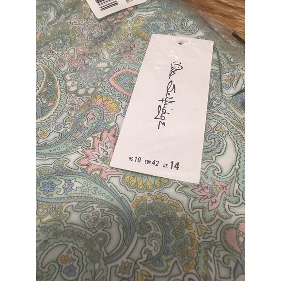 ASOS Miss Selfridge Green Paisley Satin Midi Skirt Slit Elastic Waist Sze 10 NEW - Picture 7 of 7